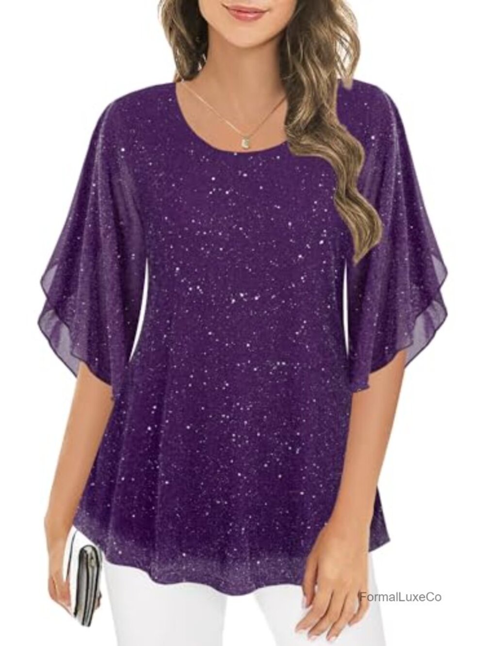 Sequined Tunic Top 3/4 Sleeve Blouse Sheer Chiffon Dressy Casual